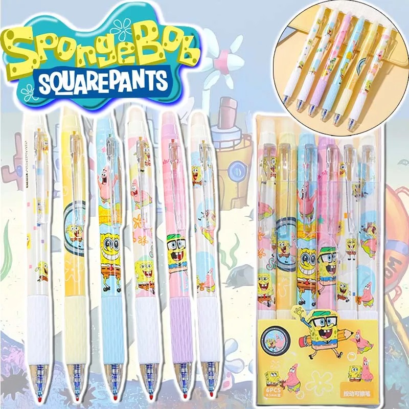 Gel Ink Pen Set - 6 ชิ้น/เซ็ตสพันจ์บ็อบ คาวาอิปากกาลบได้ 0.5 มม. ปากกาเจลสีฟ้ากันน้ำเครื่องเขียนโรงเรียนอุปกรณ์การเขียนสำหรับโน๊ตบุ๊ค