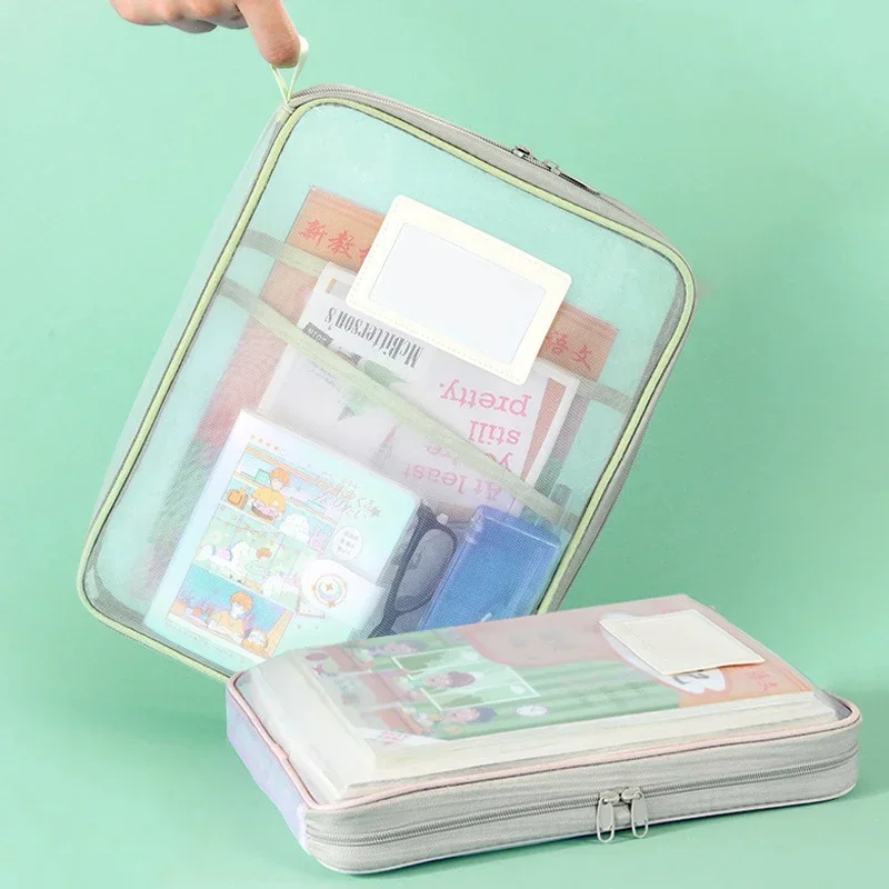 Portfolio Folder Zip - กระเป๋าเอกสารตาข่ายใส A4 พร้อมซิป รูปทรงตัว L แบบพกพา