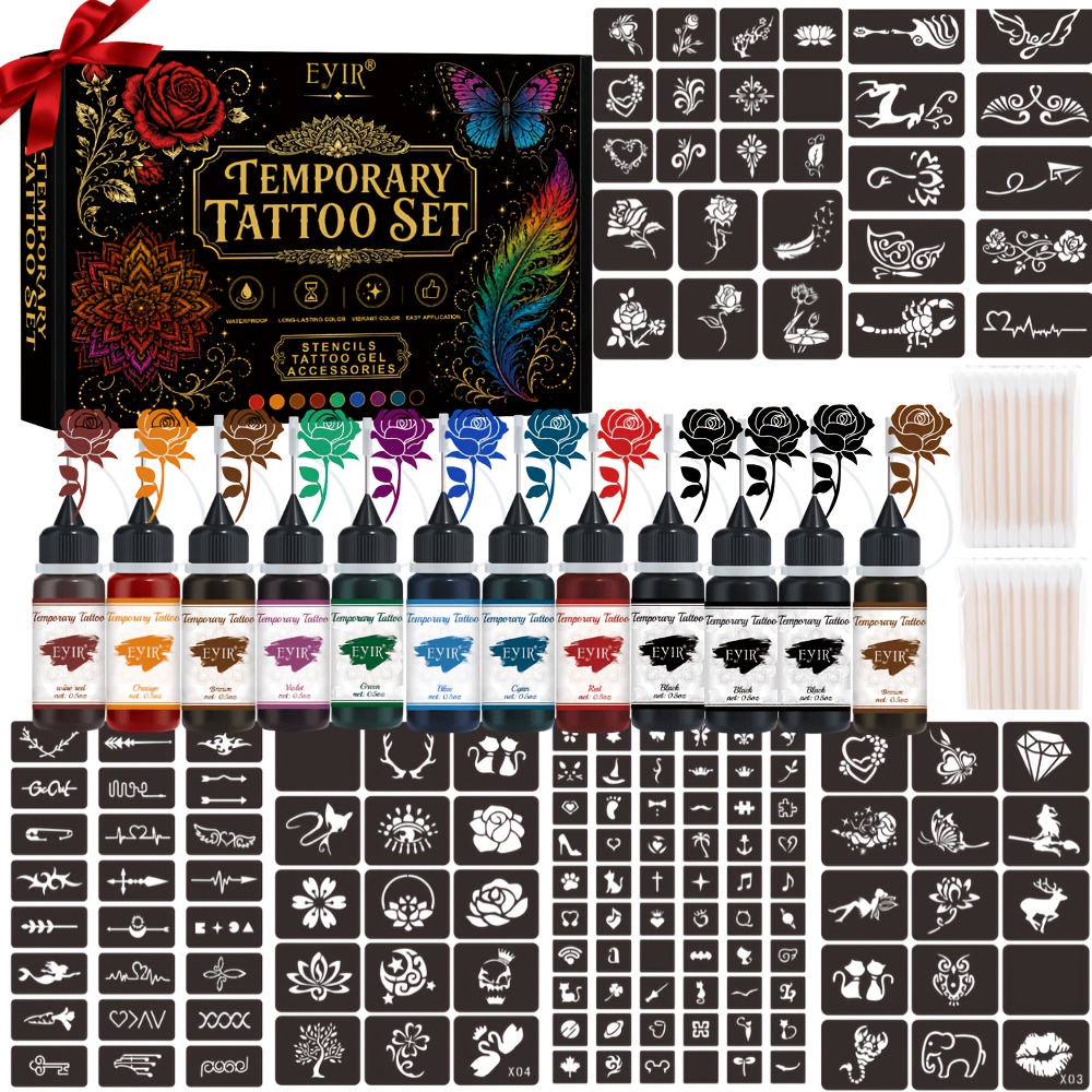 Gel Ink Pen Set - ชุดสีเจลสักลายชั่วคราว 12 สี พร้อมลายฉลุ กันน้ำ สำหรับทำศิลปะบนร่างกายด้วยตัวเอง