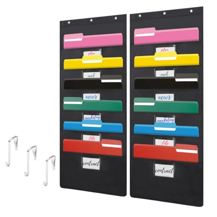 File Folder Hanging - ที่เก็บเอกสารแบบแขวนผนังสีดำ 6 ช่อง, ชุด 2 ชิ้น
