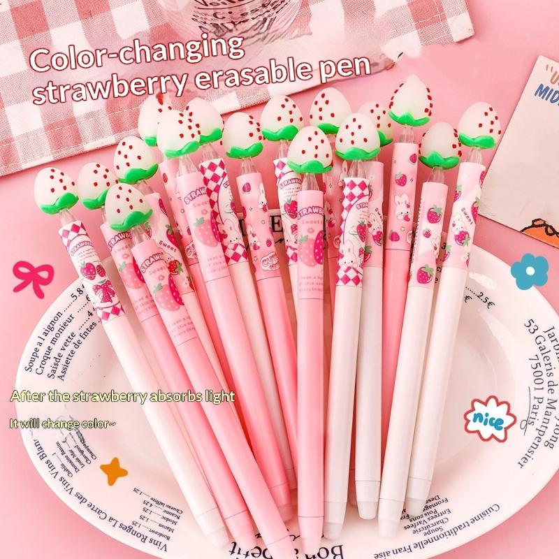 Gel Ink Pen Set - ชุดปากกาเจลลบได้ลายสตรอว์เบอร์รี หมึกเปลี่ยนสีตามแสง สำหรับเด็กนักเรียนเขียนหนังสือ