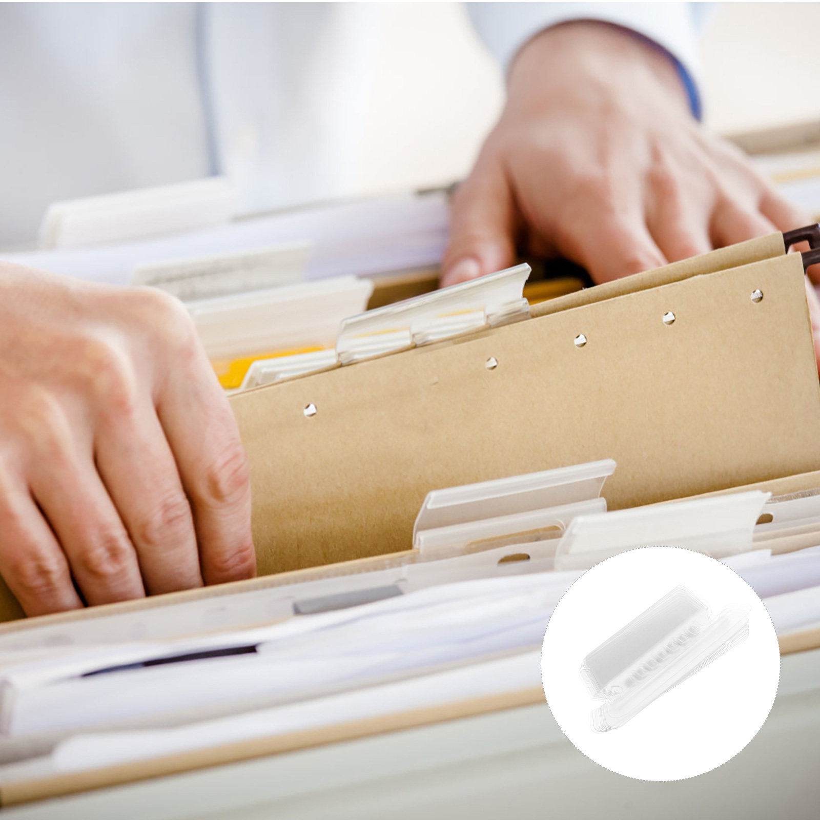 File Folder Hanging - 100 ชิ้น แผ่นป้ายติดแฟ้มเอกสารแบบแขวน คลิปหนีบเอกสาร PVC สำหรับจัดระเบียบเอกสารในสำนักงานและบ้าน