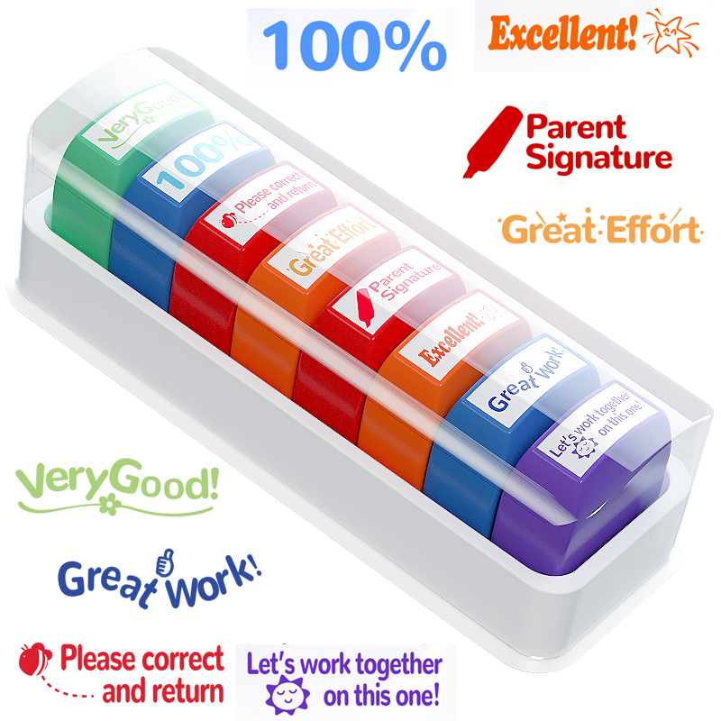 Self Inking Stamp - 8 แสตมป์ครู ห้องเรียนครูสนุก แสตมป์หมึกอัตโนมัติสําหรับครูสํานักงานคัดเกรด ภาษาอังกฤษ สเปน